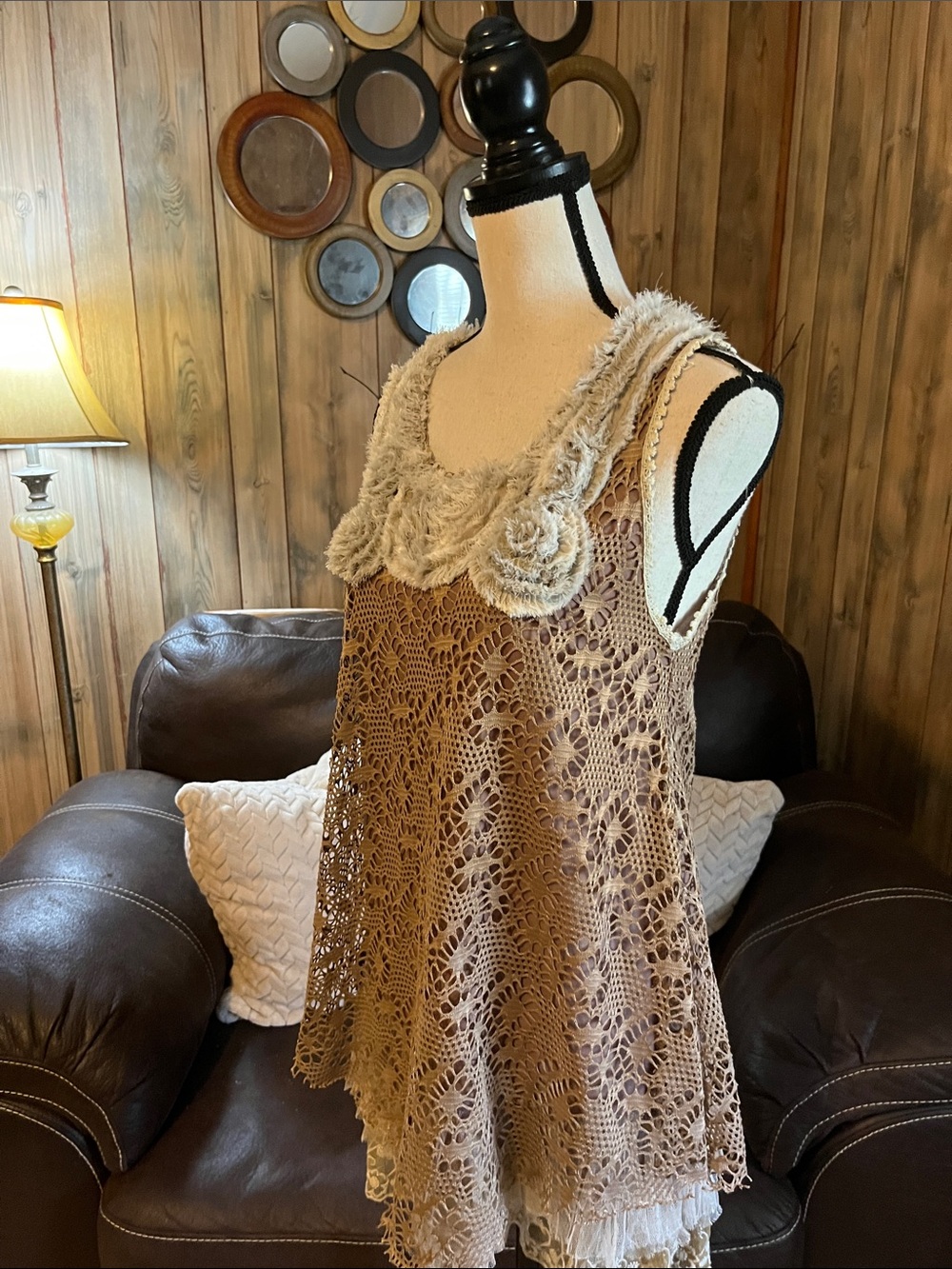 Pretty Angel Tan Crochet Linen Blend Tunic Top/Dress Boho Fairycore Feminine - Picture 5 of 10